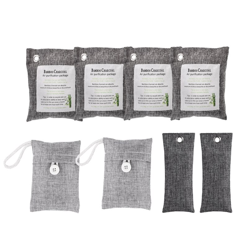 Bolsas de carbón de bambú activado, paquete de 8 bolsas (4x200g + 2x100g + 2x75g) Para el hogar naturales y ecológicas, coche, armario, zapatos.