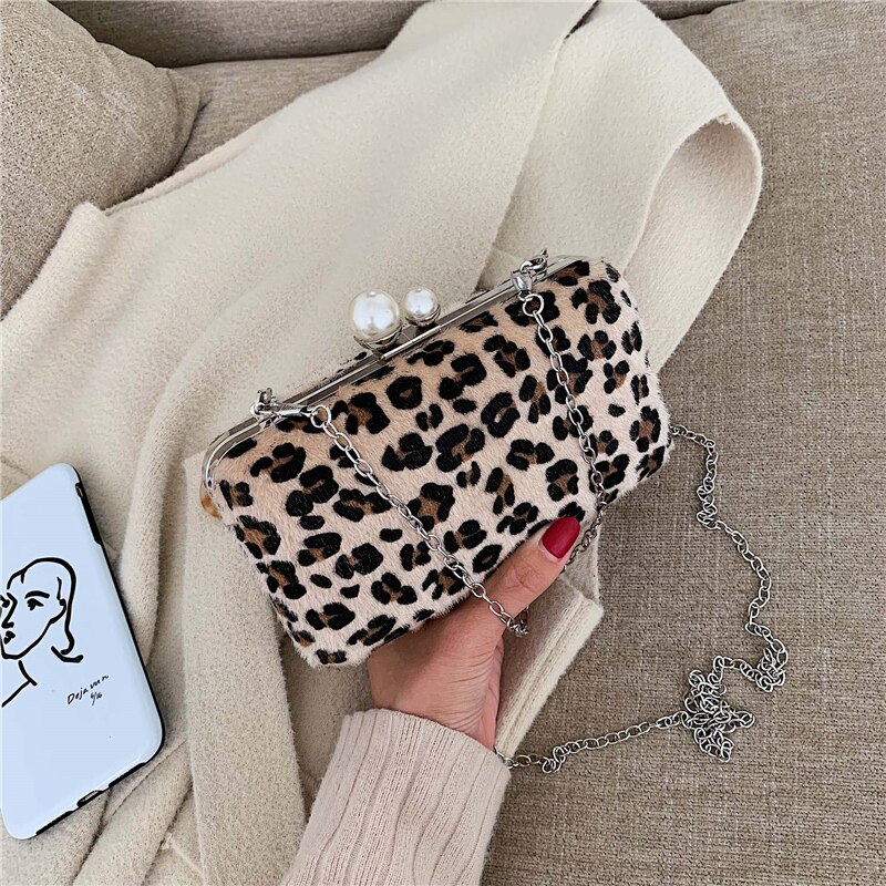 leopard perle spenne eske damehåndvesker kveldsveske skulderveske crossbody mini bag jenters uformelle kjedeveske