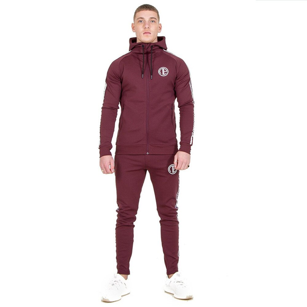 Laufen Sport Anzug Männer Fitnessstudio Fitness Trainingsanzüge Sweatshirt Jogginghose Neue Männlichen Baumwolle Hoodies Hosen Joggen Sport Spitzen Jacke: Wein rot (setzt) / L