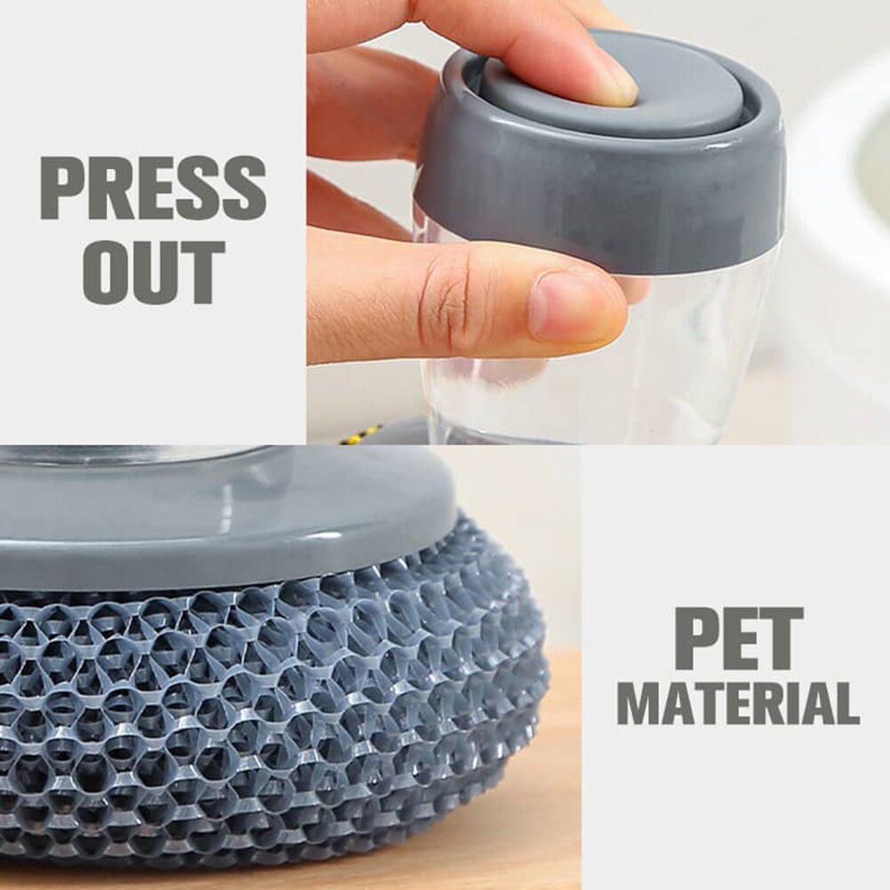 Soap Dispensing Palm Brush with Storage Tank Steel Wire Ball Dish Pot Cleaning Scrubber Brush Kitchen Accessories