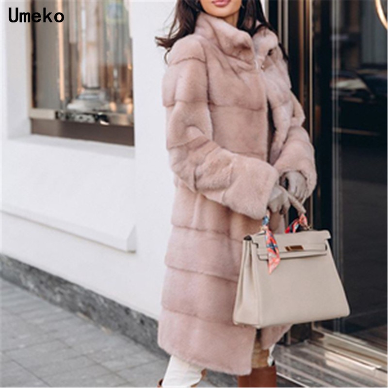 Umeko Elegante Effen Faux Vos Bontjas Vrouwen Winter Mode Medium Kunstmatige Vos Bontjas Vrouw Warm Nep Vos Bont jassen Vrouwelijke