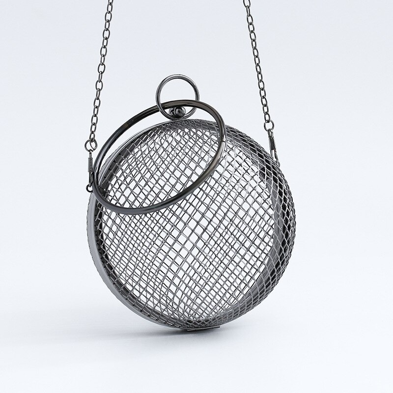 Metal Ball Women Shoulder Bag Gold Cages Round Hollow Clutch Luxury Wedding Party CrossBody Purse Handbag Travel Beach Bags: Black