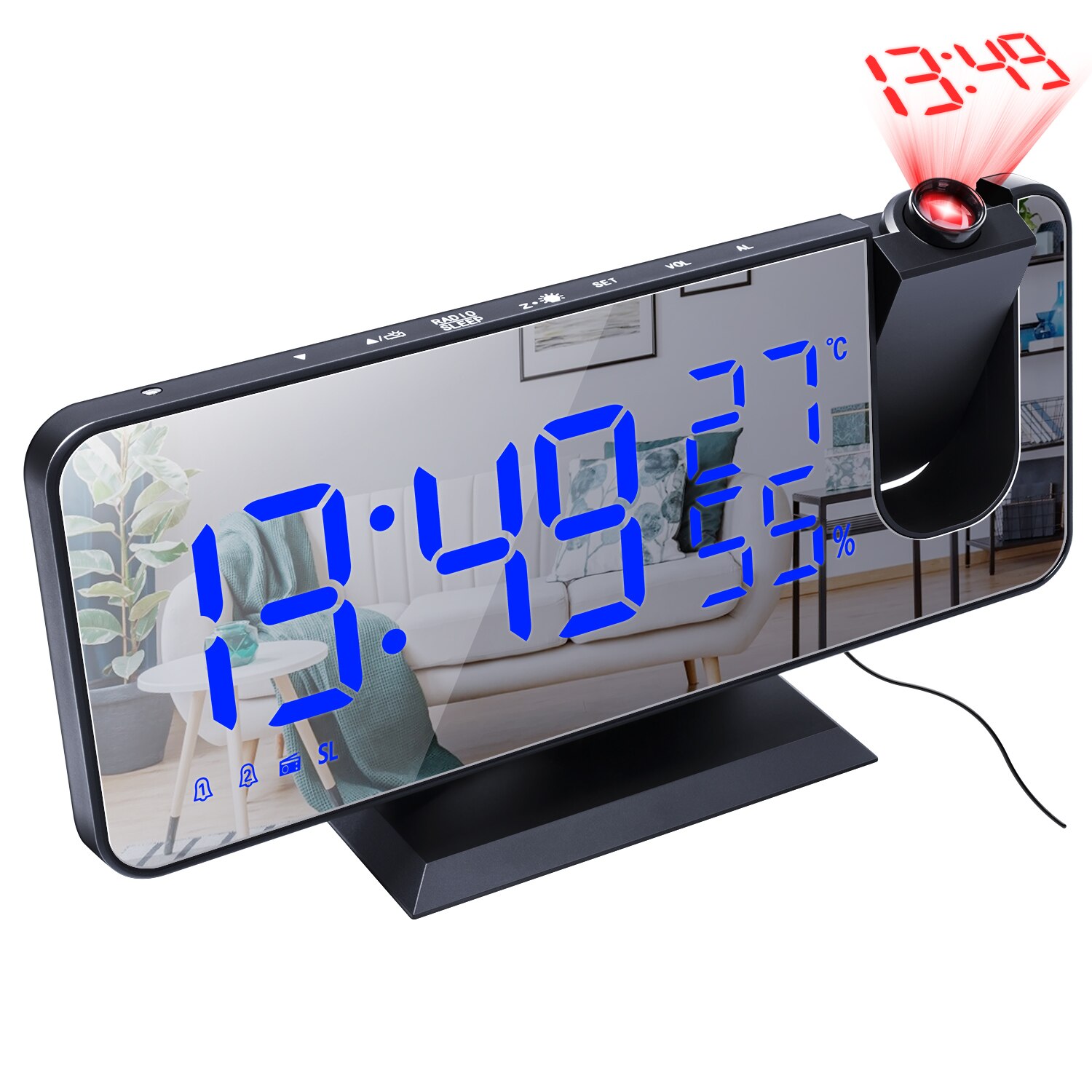 Reloj Digital de despertador con efecto espejo y luz LED para mesilla de noche y dormitorio, Despertador con USB, Radio FM, proyector de tiempo, reloj para mesilla de noche y dormitorio: A-black