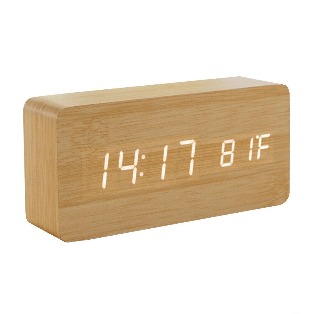 Digital Alarm Clock Wooden Watch Table Voice Control Electronic Desktop Clocks Thermometer Adjustable Brightness: Yellow