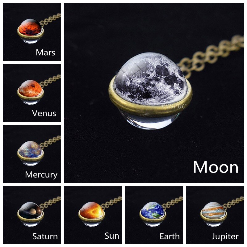 Solar Systeem Maan Aarde Zon Mars Jupiter Planeet Ketting Double Side Glazen Bal Ketting Hanger Universe Space Sieraden