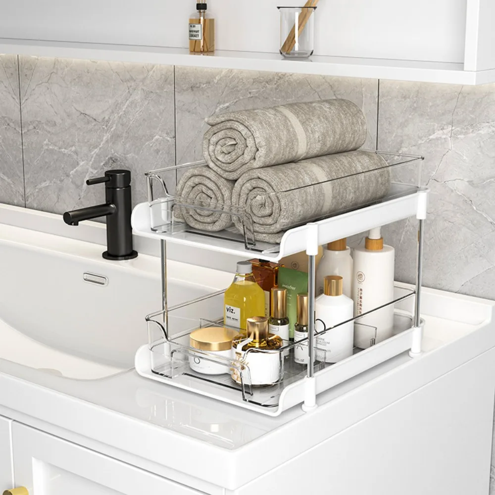 Double Layered Storage Rack Under Kitchen Sink Space Saving Bathroom Multi-layer Sliding Storage Shelf MultiFunctional Shelves