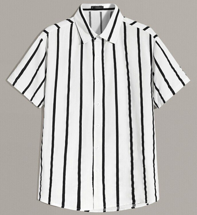 Men Buttons Front Short Sleeve Shirts Breathable Striped Printed Turn Down Collar Casual Shirt: XL / B