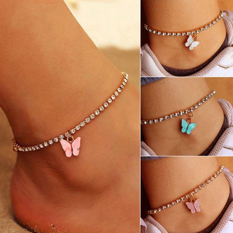 1pc Butterfly Pendant Anklet Rhinestone Decor Adjustable Ankle Bracelet Beach Foot Chain For Women Jewelry Accessories