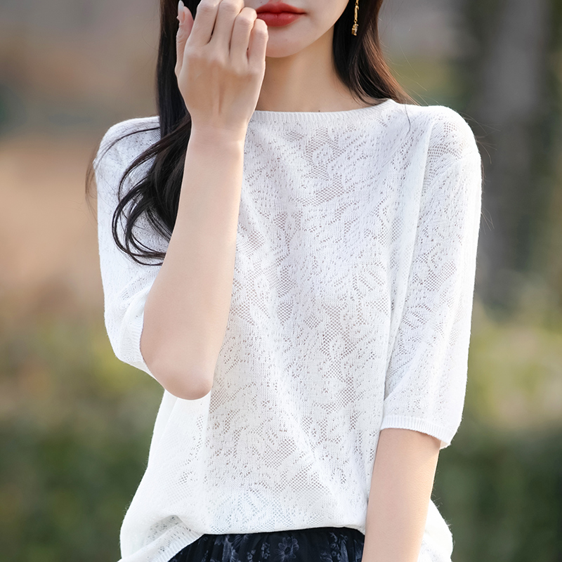 Women's Half-sleeved T-shirt Wool Lyocell Tees Sweater O-neck Flower Shaped Hollow Pullover Vest Summer Knitted Bottoming Tops: XL / WHITE