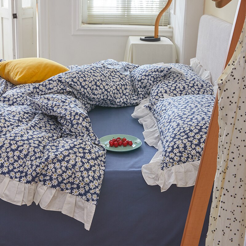 Housse de couette 100% coton à volants, Style japonais rétro, fleur de marguerite, 200x230cm (sans taies d&#39;oreiller)