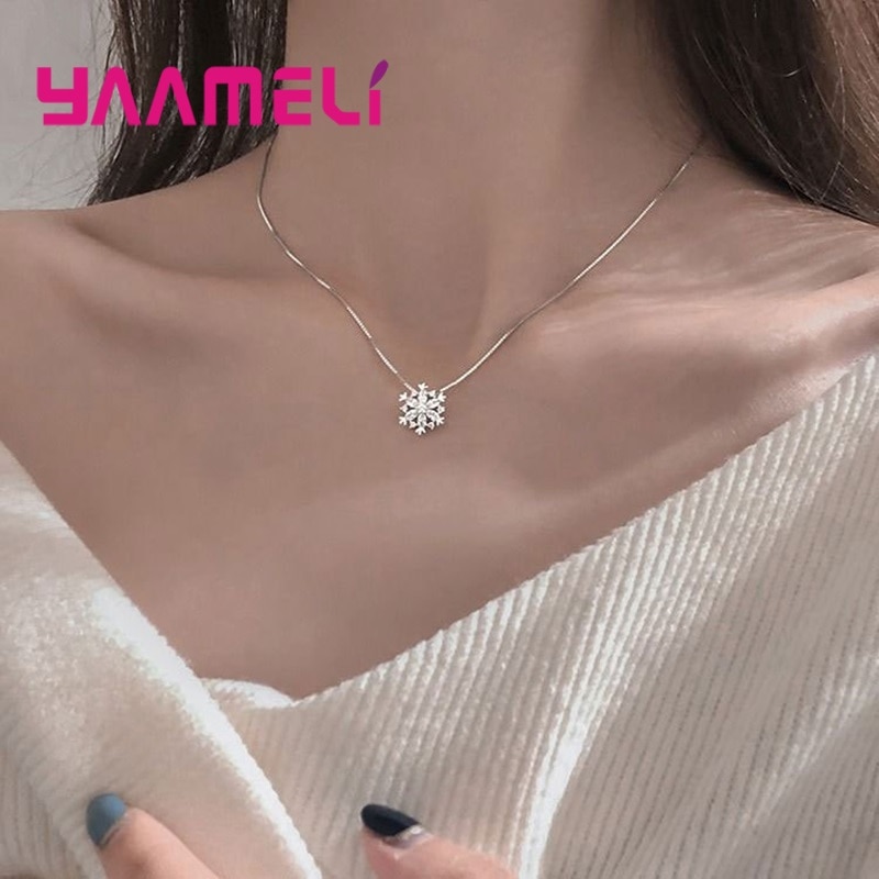 Winner Christmas Luxury 925 Sterling Silver CZ Diamond Rhinestone Snowflake Pendant Necklace Short Collar Chokers