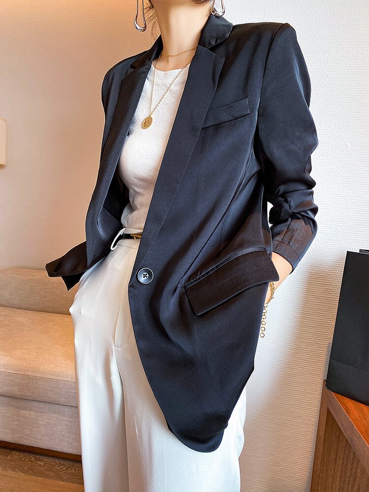 blazer da donna in raso nero signora ufficio opera femmina decente 2020 estate femme magro completo da uomo giacche: XL