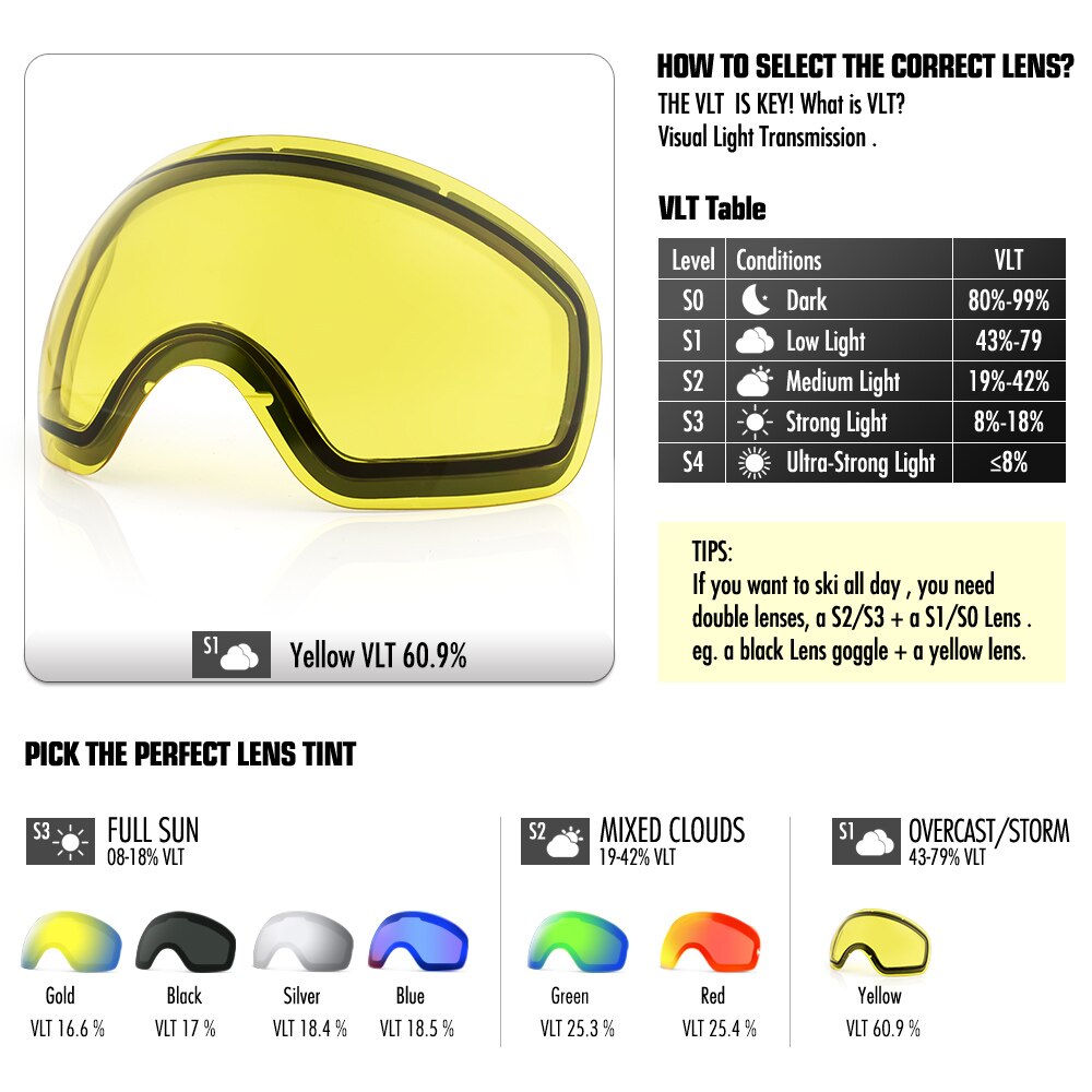 COPOZZ brand double brightening lens for ski goggles of Model GOG-2812 increase the brightness Cloudy night to use(only lens)