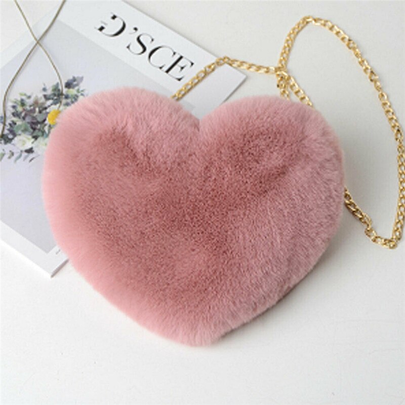 Borsa a forma di cuore da donna borsa a tracolla a catena femminile di moda borsa a tracolla a spalla in peluche amore regalo di san valentino: PINK2