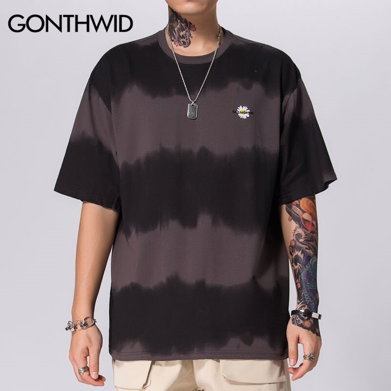 GONTHWID Tie Dye Striped Tees Shirts Summer Casual Streetwear Tshirts Harajuku Hip Hop Short Sleeve Tops Hipster T-Shirt