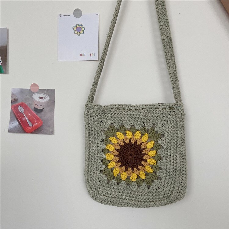 Zomer Zonnebloem Kleine Messenger Bag Hollow Geweven Gebreide Schouder Crossbody Zakken Voor Meisjes Mini Katoenen Doek Handtas: 02