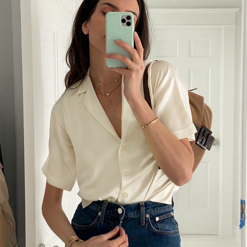 Nclagen sateng kontor dameknapp bluse kortermet hakk krage silke myke bluser dame sommer fritidsskjorte