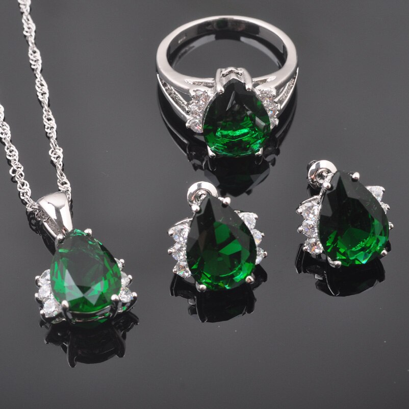 Bröllop kvinnors bröllop smycken set silver färg grön kristall ring halsband och örhängen set  qz0256