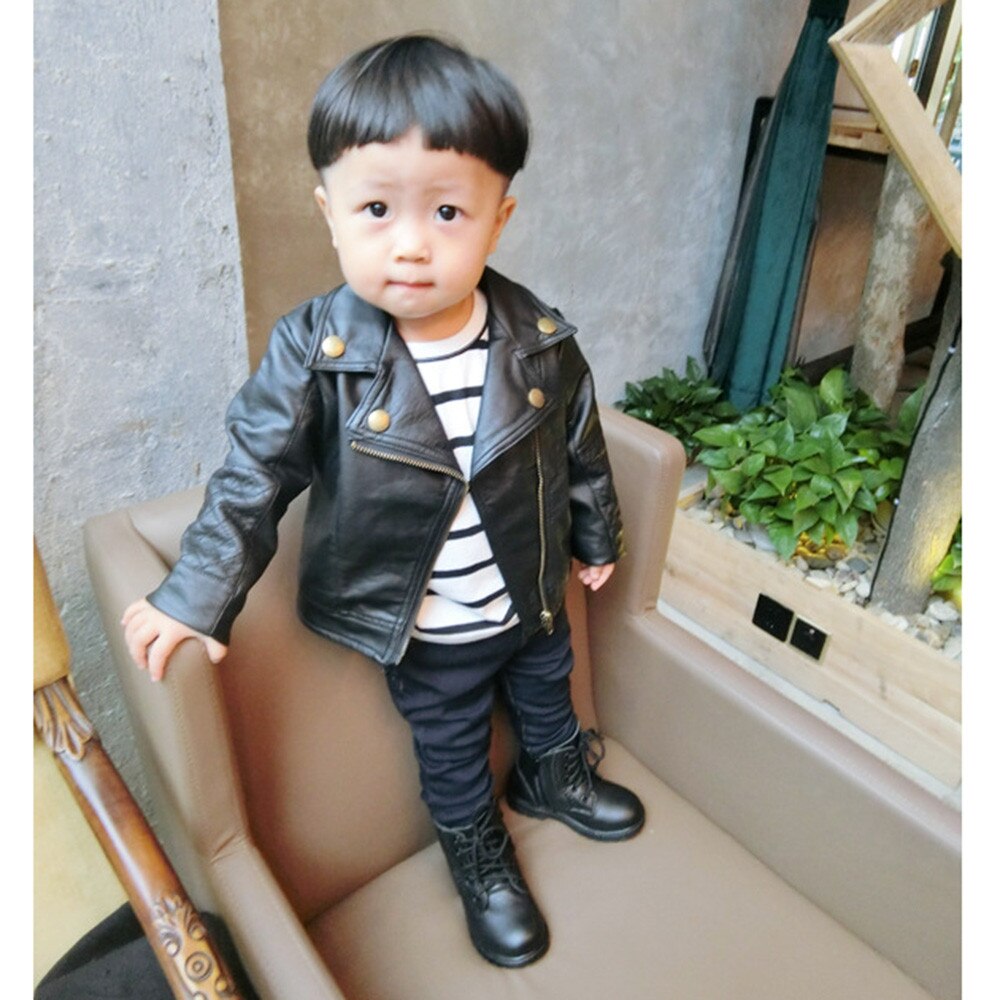Spring and Autumn and the Wind PU Leather Leather Coat Baby Boys and Girls Short Children Jacket @A