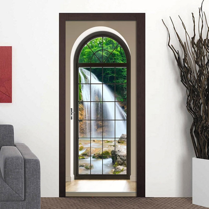 2Pcs/Set Waterfall Scenery Outside The Window 3D Wall Door Sticker PVC Self-adhesive Waterproof Mural Decals Door Decor Poster