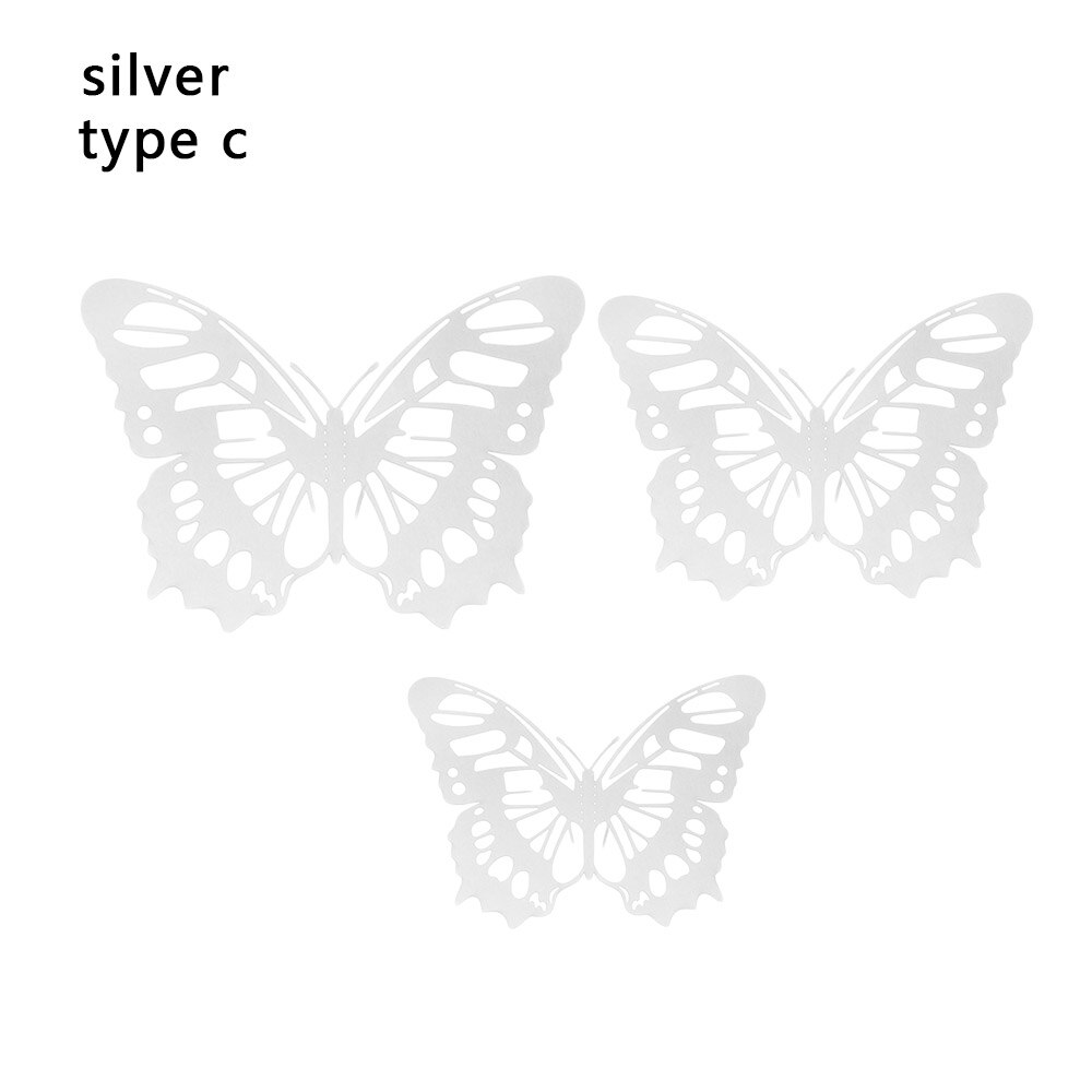 12 Stks/pak 3D Hollow Vlinder Muurstickers Diy Metalen Textuur Goud Zilver Rosegoud Mariposas Decals Feestartikelen Home Decor: silver-c