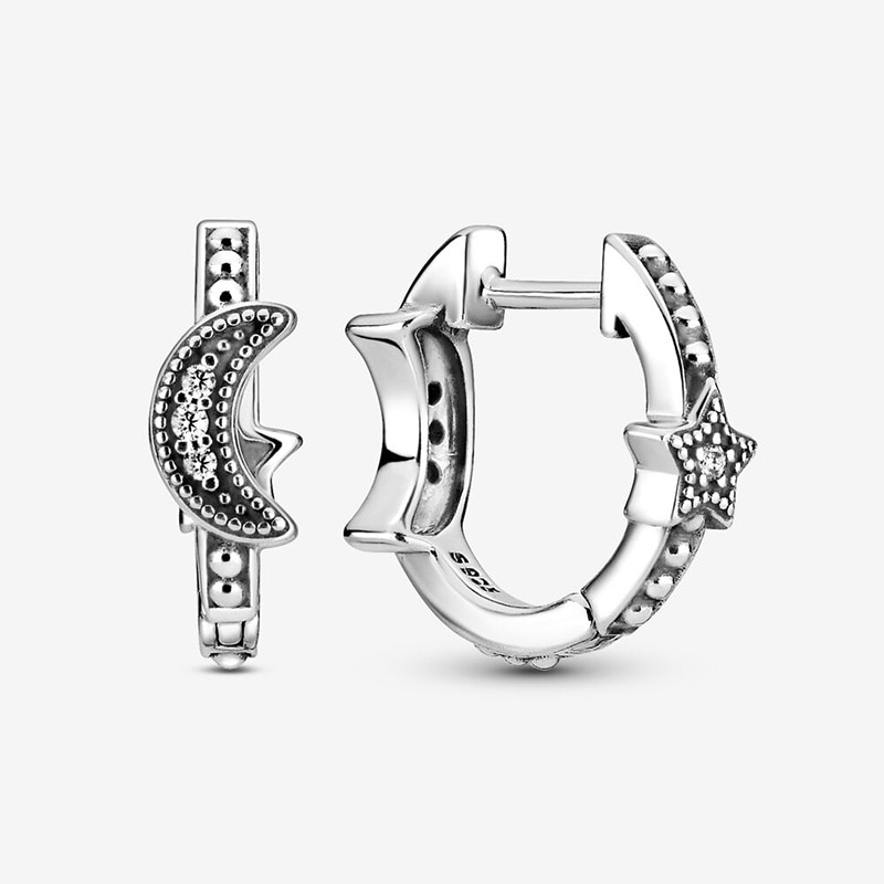 925 sterling sølv mousserende halvmåne & stjerner beaded hoop øreringe kvinder smykker