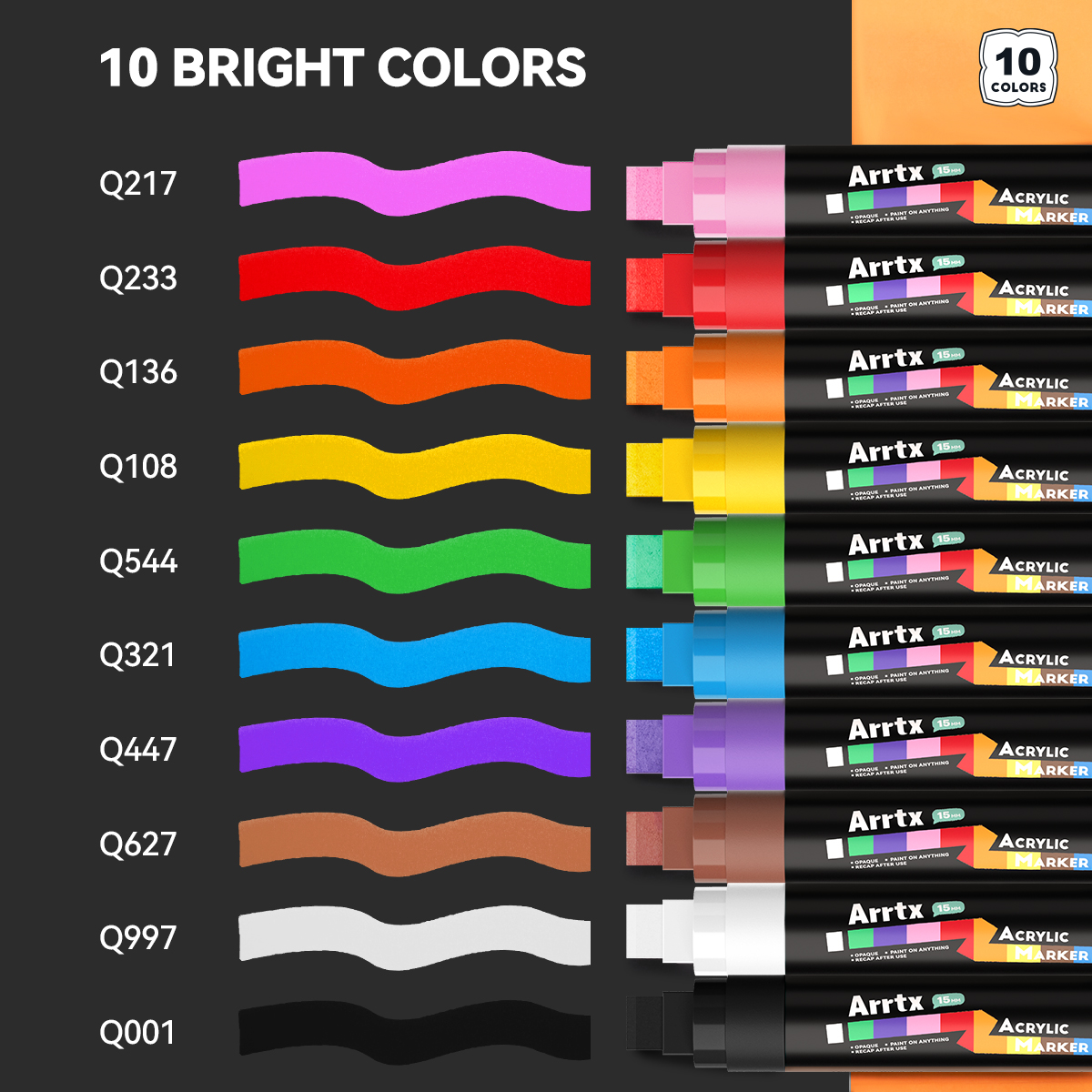 Arrtx 15mm Jumbo Acrylic Markers, 10 Colors Acrylic Paint Pens for Rock Stone Ceramic Porcelain Mug Wood Fabric Canvas Painting