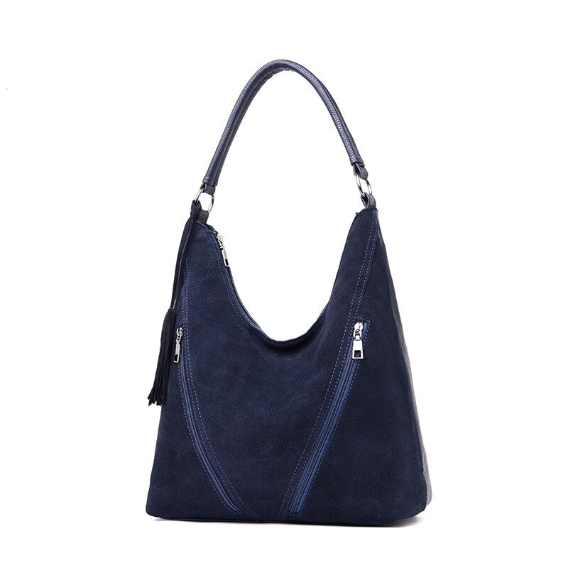 VM KISS Female Suede Leather Shoulder Bag Women Leisure Tassel crossbody Handbag Hobos Messenger Top-handle bags Purse: blue