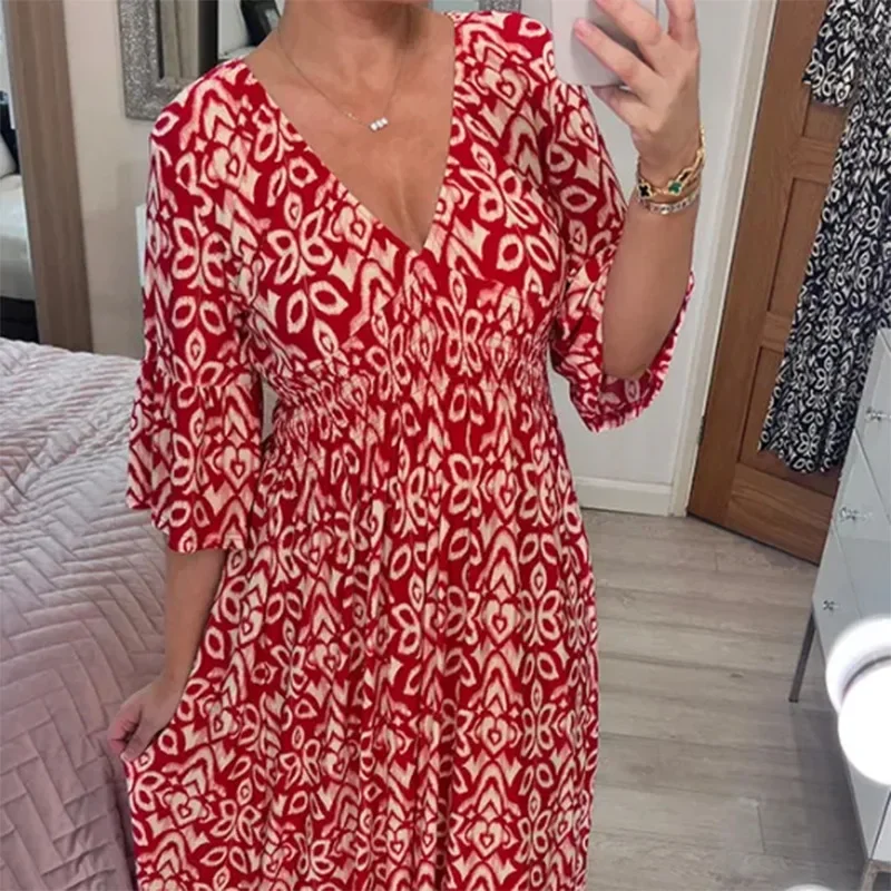 Sommerkjole for kvinner med blomsterprint, v-hals, fempunkts ermer, lang kjole, strandkjole, strandfestkjole: Xxxl / Rød