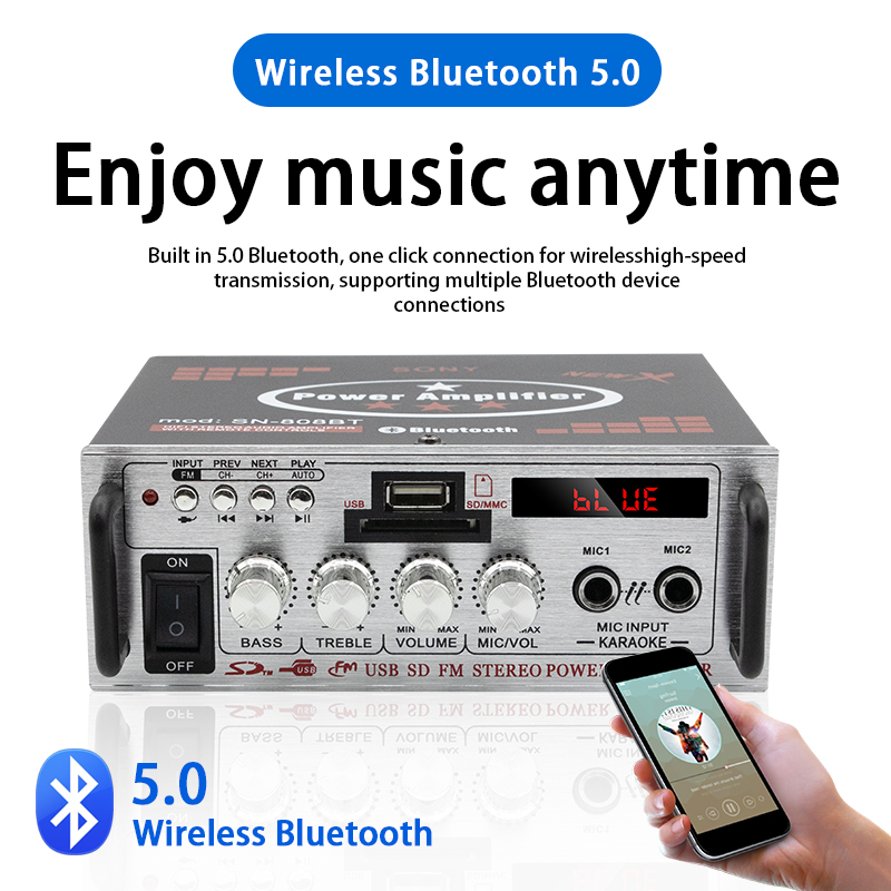 LDZS HiFi-Digitalverstärker AV-808 Bluetooth MP3-Kanal 2.0 Sound AMP Unterstützung 90V-240V für Zuhause Auto MAX 200W*2
