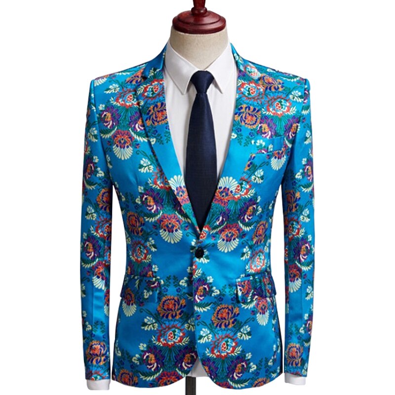 Men's Floral Print Suit Jacket One Button Lapel Lake Blue Slim Casual Suit Prom Party Dedicated Suit Jacket