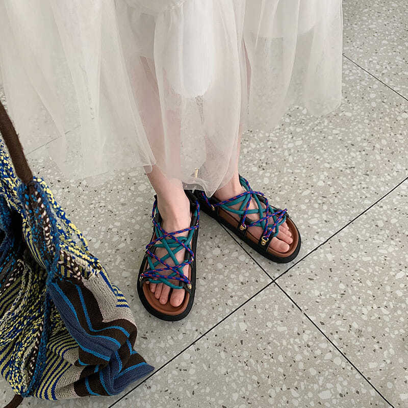 Sandalias romanas de estilo gladiador para mujer, zapatos de playa con cuerda trenzada, Punta abierta, antideslizantes,