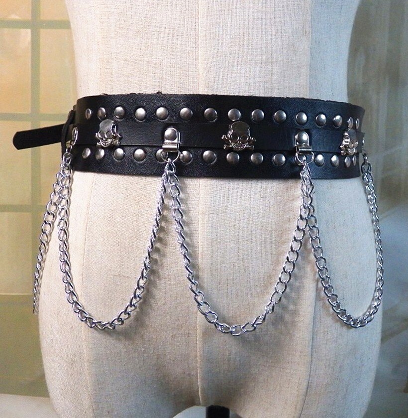 Cinturones Punk Rock para chicas góticas, cinturón de cadena con remaches de Calavera, hebilla de cinturón de cuero PU