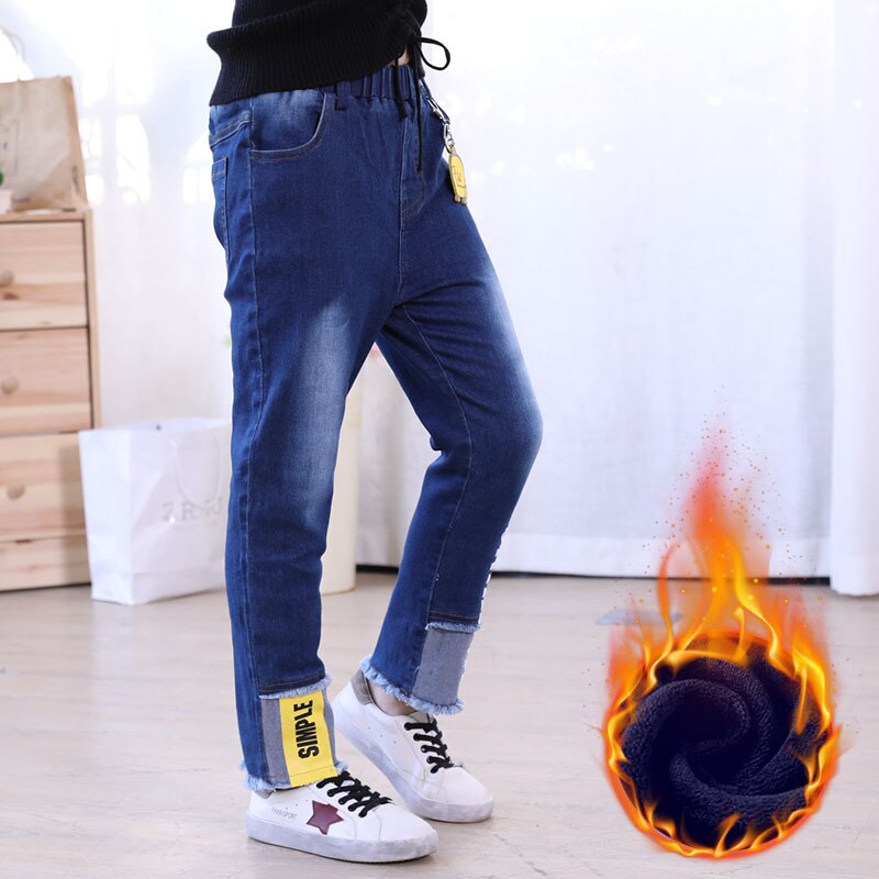 Meninas jeans roupas de inverno mais veludo calças calças de moletom quente velo adolescente menino denim calças de remendo crianças roupa azul
