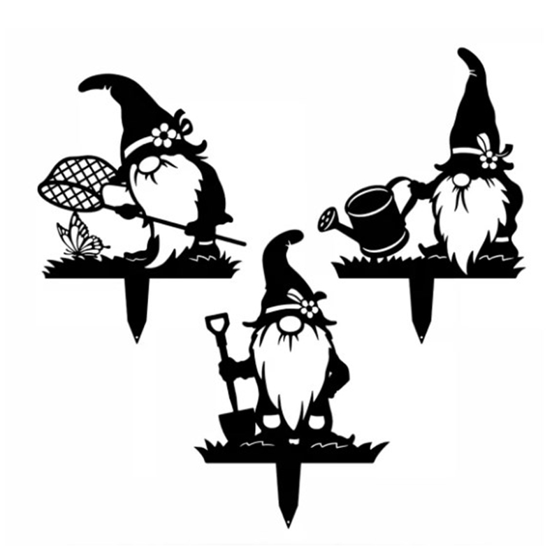1/3 PCS Rustic Black Gnomes Silhouette Cute Metal Gnome Garden Statues Decorative Garden Stake For Yard Lawn Outdoor Decoration