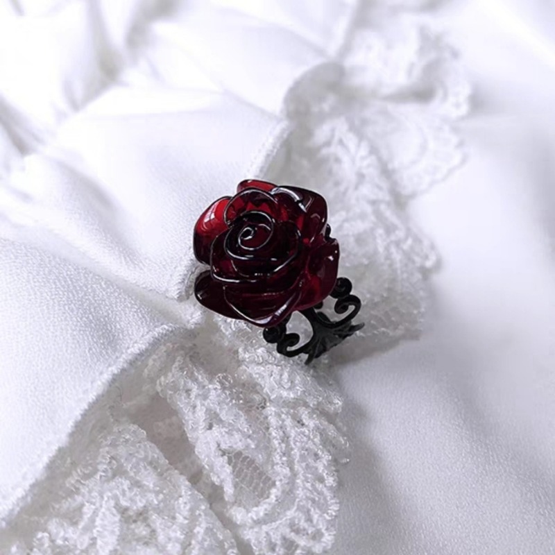 Anillos de apertura de rosa roja estilo gótico Retro para mujer, anillo de dedo hueco con flor de cristal con personalidad Punk, joyería de de Hip Hop Rock