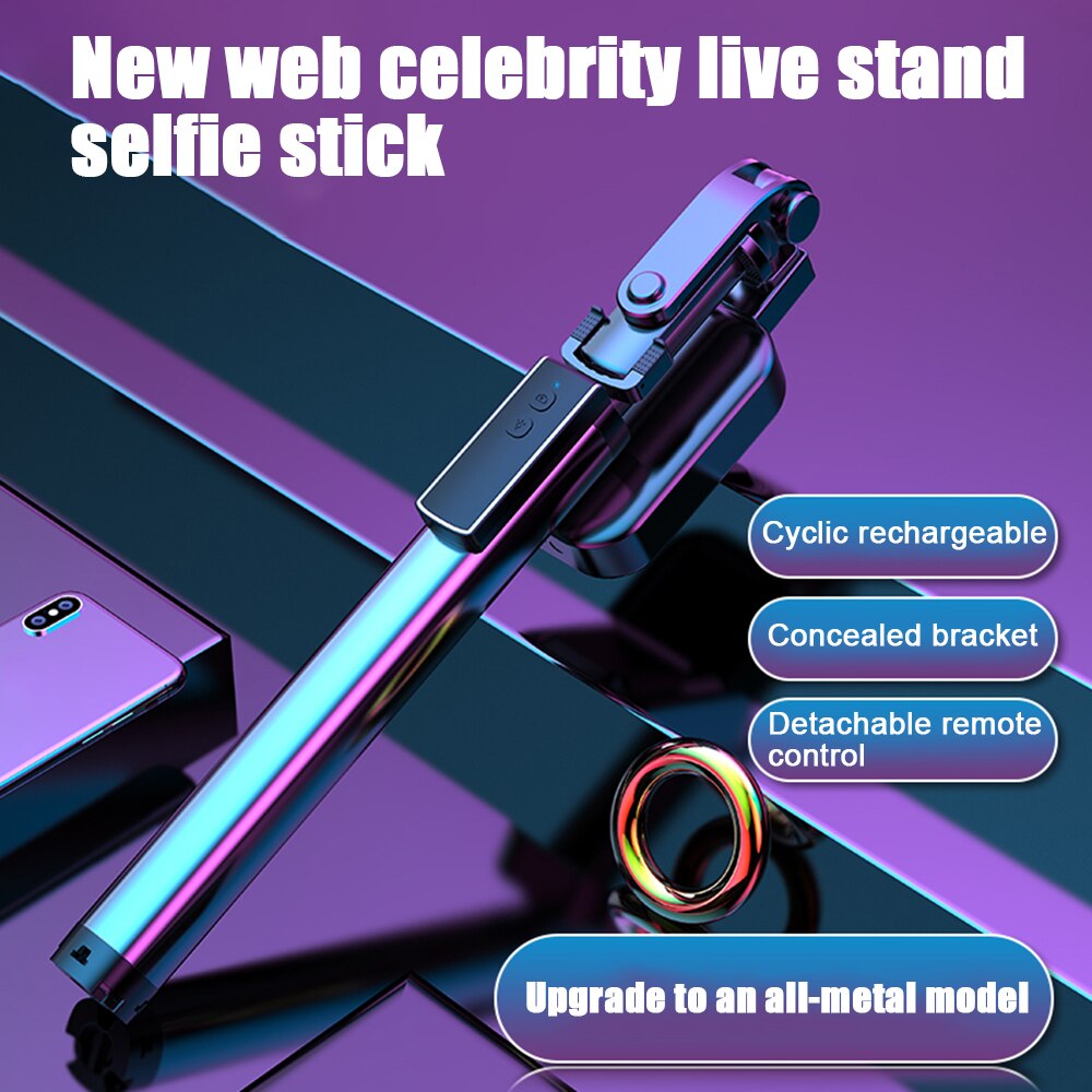 Sammenleggbar håndholdt monopod lukker fjernkontroll utvidbart stativ til iphone / android / huawei trådløs bluetooth selfie pinne fylle lys