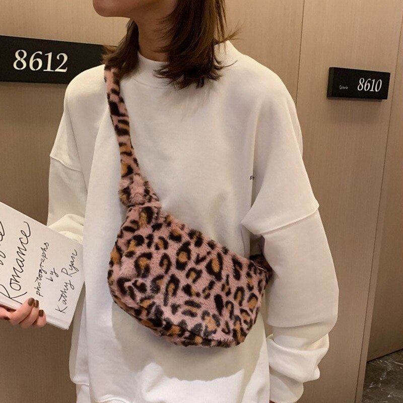 Leopard Print Crossbody Bags For Women Autumn Winter Plush Soft Shoulder Messenger Bags Ladies Fluffy Handbag And Purse: pink 1