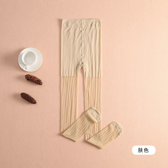 Pantimedias de rayas verticales ultrafinas para niños y niñas, medias de malla antigancho, novedad de verano: Beige / Children 106-120cm
