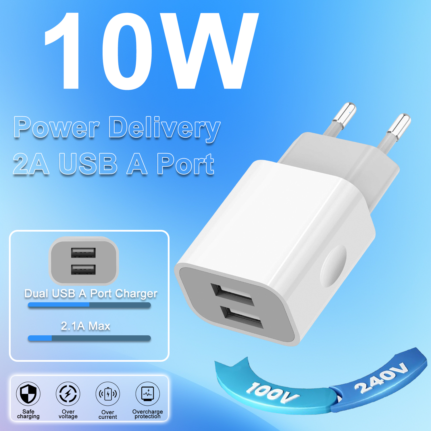 2-pack universele USB-lader 5V 2A/10W met 2 poorten - USB-stekker compatibel met alle soorten apparaten en smartphones - wit
