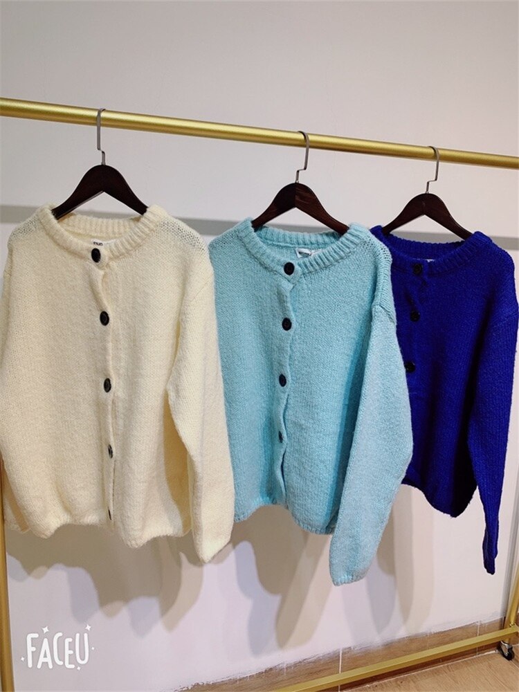 Oversize dametrøjer efterår vinter sweater vintage knapper o hals cardigans enkeltradet pufærm løs cardigan