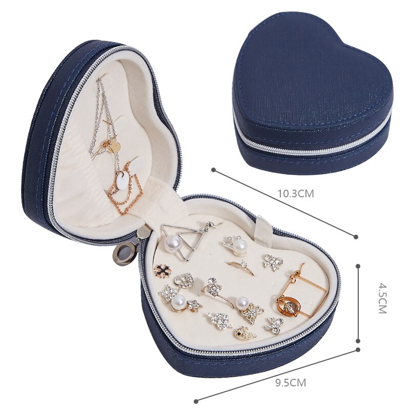 Korean Style Jewelry Box Arch Top Necklace Ring Bracelet Earrings Studs Display Case Comestic Casket Lipstick Storage: Heart DarkBlue