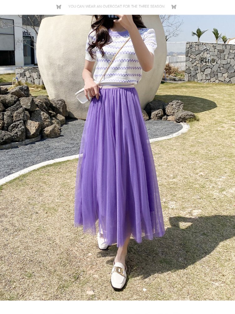 Spring Mesh Purple High Waist Skrit for Women 2022 Slim Fit Pleated Mid-length Skirt Female Faldas
