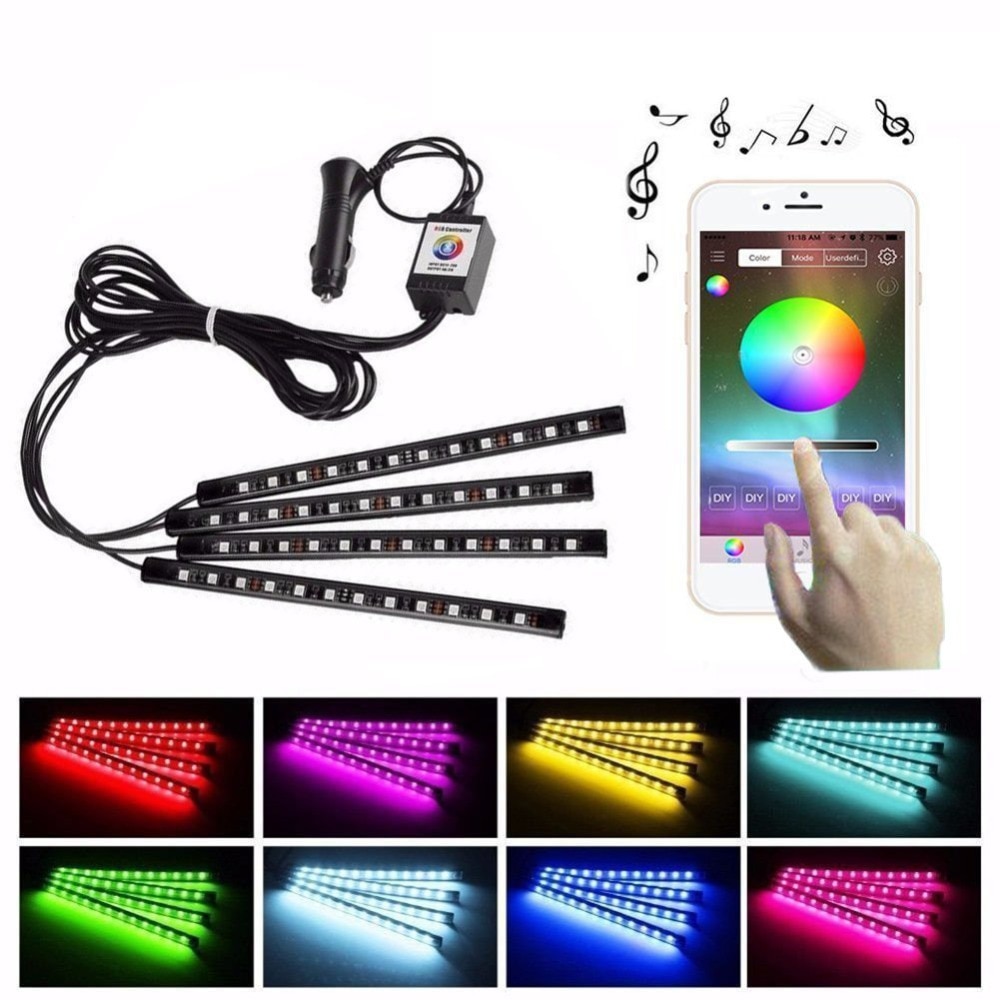 Auto LED Strip Verlichting, aukora Bluetooth App Controller Interieur Verlichting Voor Auto 48 LEDs Multi Kleur Muziek Auto Strip Licht