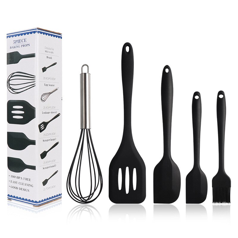 Juego de utensilios de cocina de silicona, especial resistente al calor, espátula, pala, cuchara para sopa, juego de 5 unids/set: Black