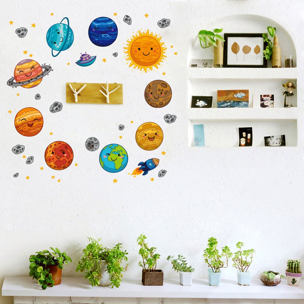 Universo de dibujos muro de planetas de habitaciones de niños, salas de estudio dormitorio papel tapiz de decoración Mural arte pegatinas para guardería