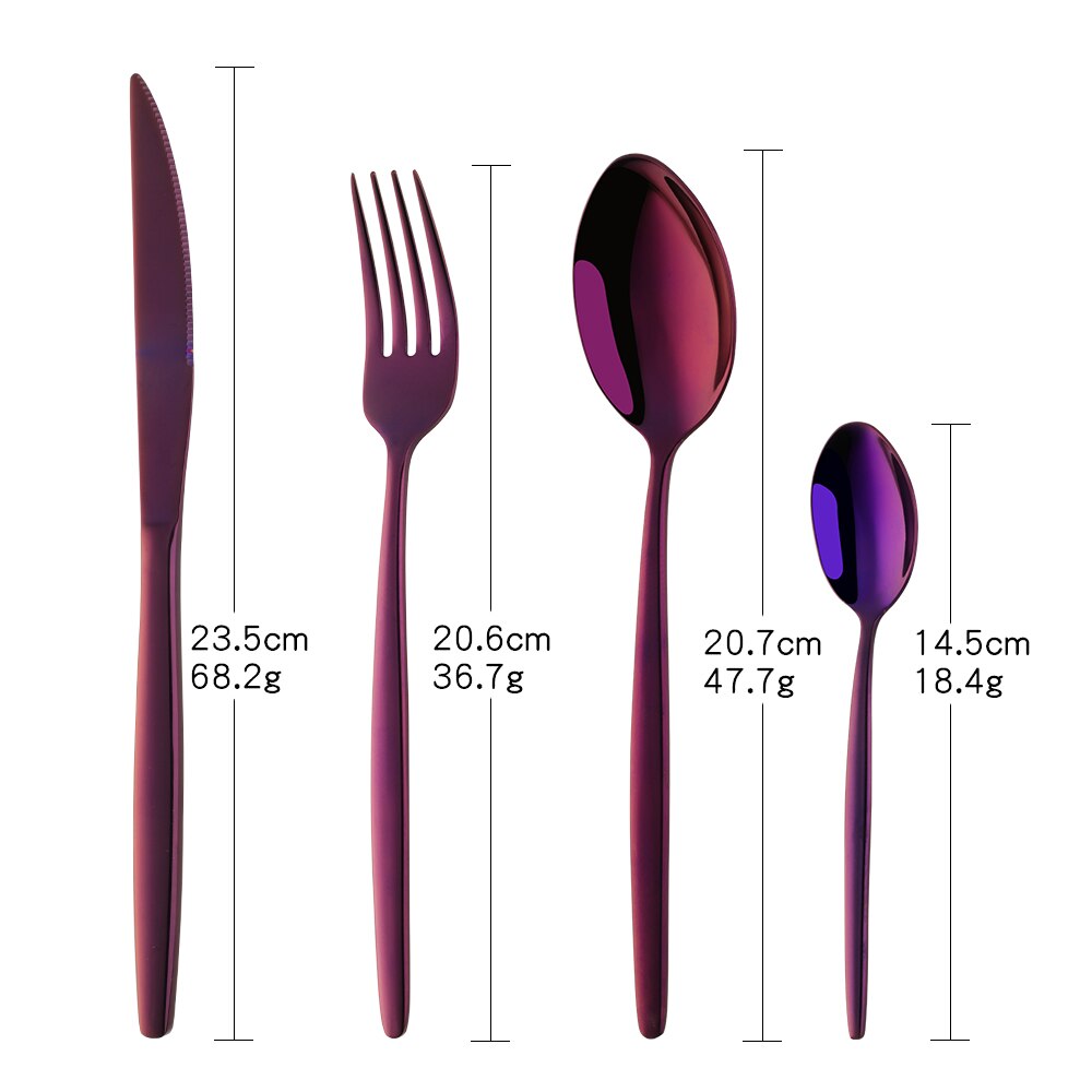 4 stk rustfrit stål guld servise sæt farverigt bestik sæt middag kniv gaffel ske regnbue bærbare bordservice redskaber hjem: Lilla