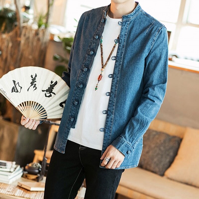 Denim Shirt Mens Tunic Chinese Collar Shirts For Men Jacket Long Sleeve Jeans Mens Shirts Regular Fit Denim Male KK2979