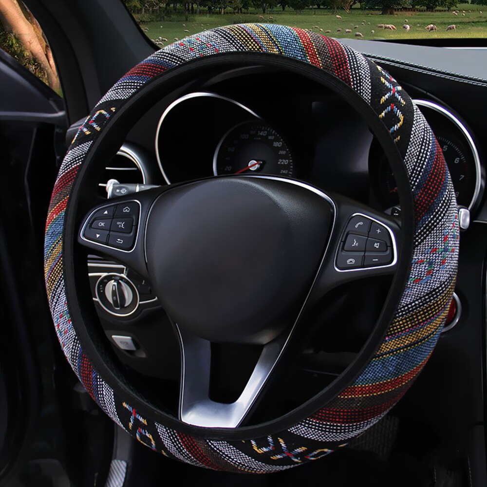Etnisk stil diameter 37-39cm bilrattedæksler ratafdækning linned universel elastisk biltilbehør til kvinder: Xo farve