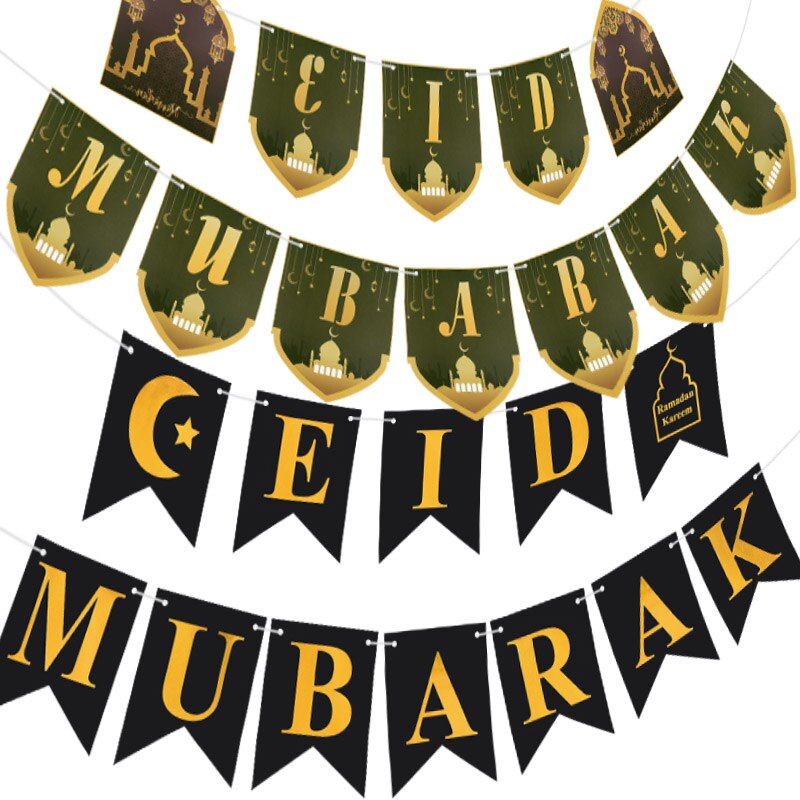 1Set Eid Mubarak Banner Wall Hanging Ramadan Kareem Paper Garland EID Flag Festival Bunting Islamic Muslim Mubarak Decoration